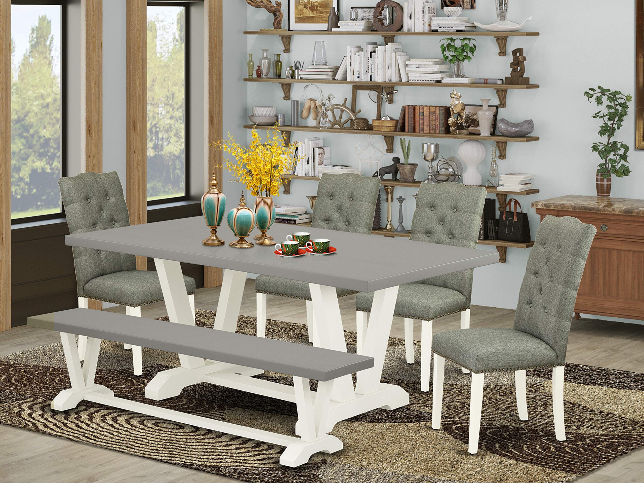 East West Furniture V-Style 6 Piece Dining Room Set Contains A Rectangle Kitchen Table With V-Legs And 4 Gray Linen Fabric Parson Chairs With A Bench, 40X72 Inch, V097El207-6